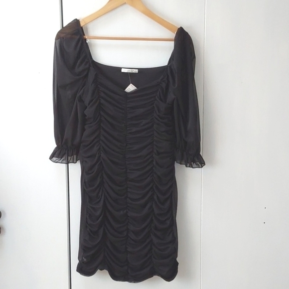 Timing LA Black Rouched Sheer Sleeve Black whimsigoth Edgy Mini Dress Sz.L - Picture 1 of 9